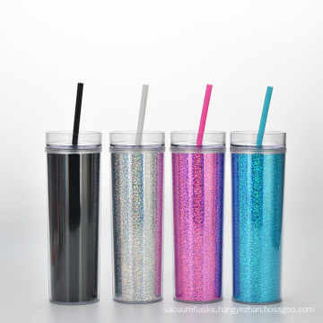 New Custom Logo Double Wall Laser Plastic Tumbler Glitter Cups 16oz AS acrylic Glitter tumbler with Lid and Straw